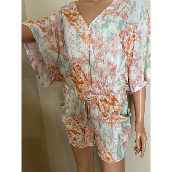 Anthropologie Fate Tie-Dye Kimono Sleeve Wrap Romper SZ M Pastel Multicolor - Picture 9 of 10